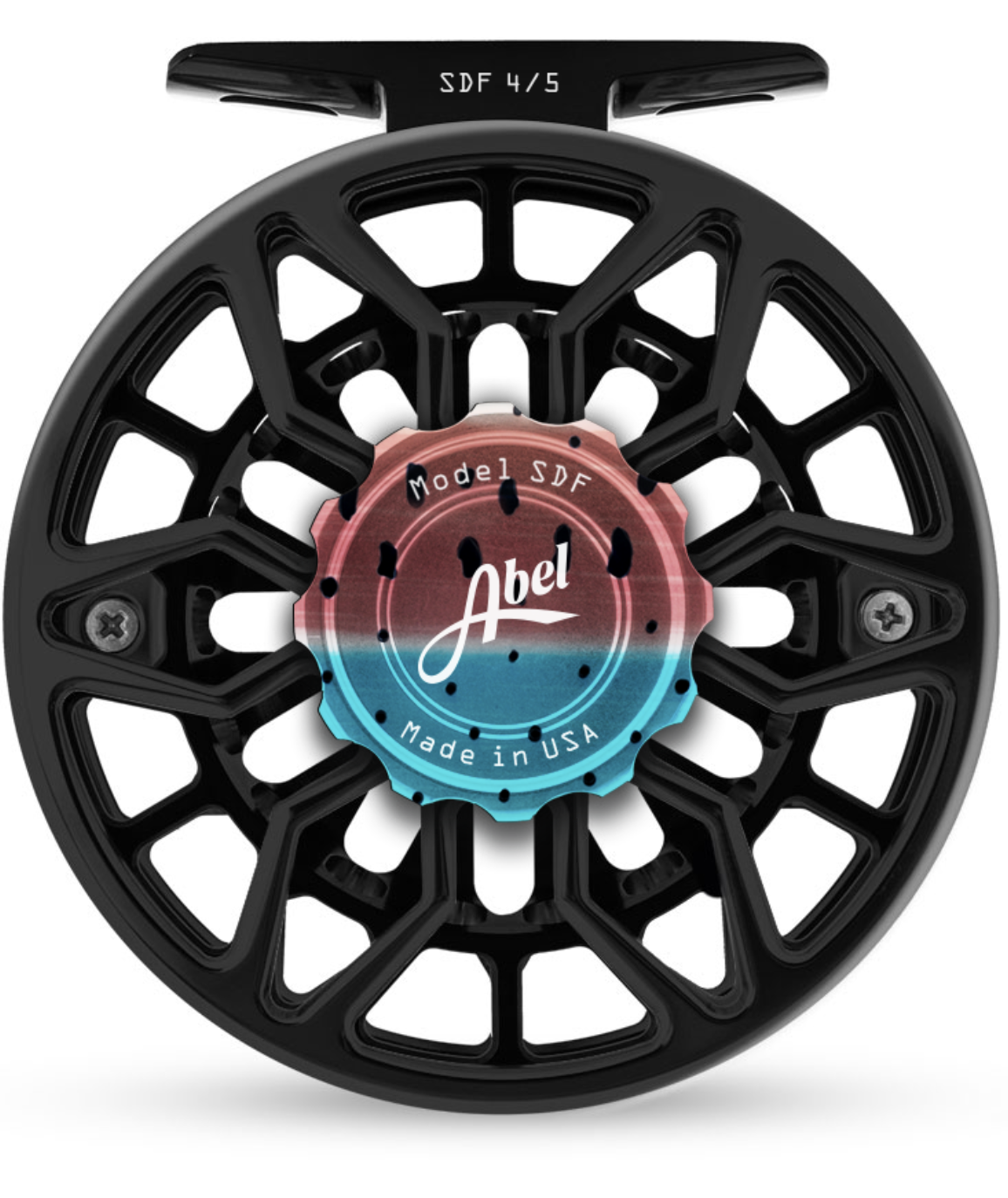 Abel SDF 4/5 Ported Fly Reel - Black w/ Rainbow Trout Drag Knob and Black Handle image 0